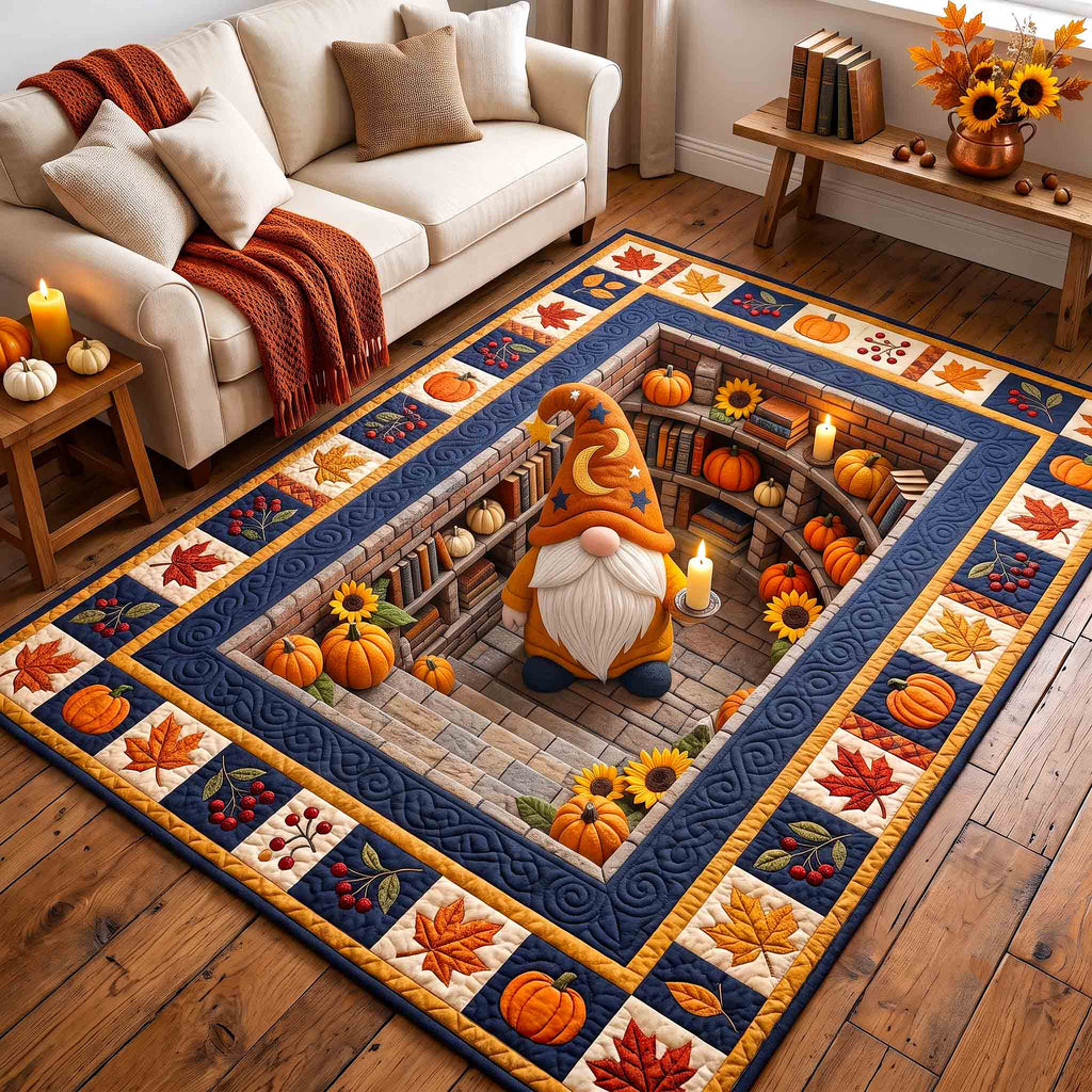 Cozy Autumn Gnome area rug in a living room