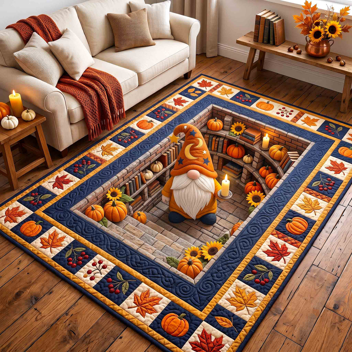 Cozy Autumn Gnome area rug in a living room