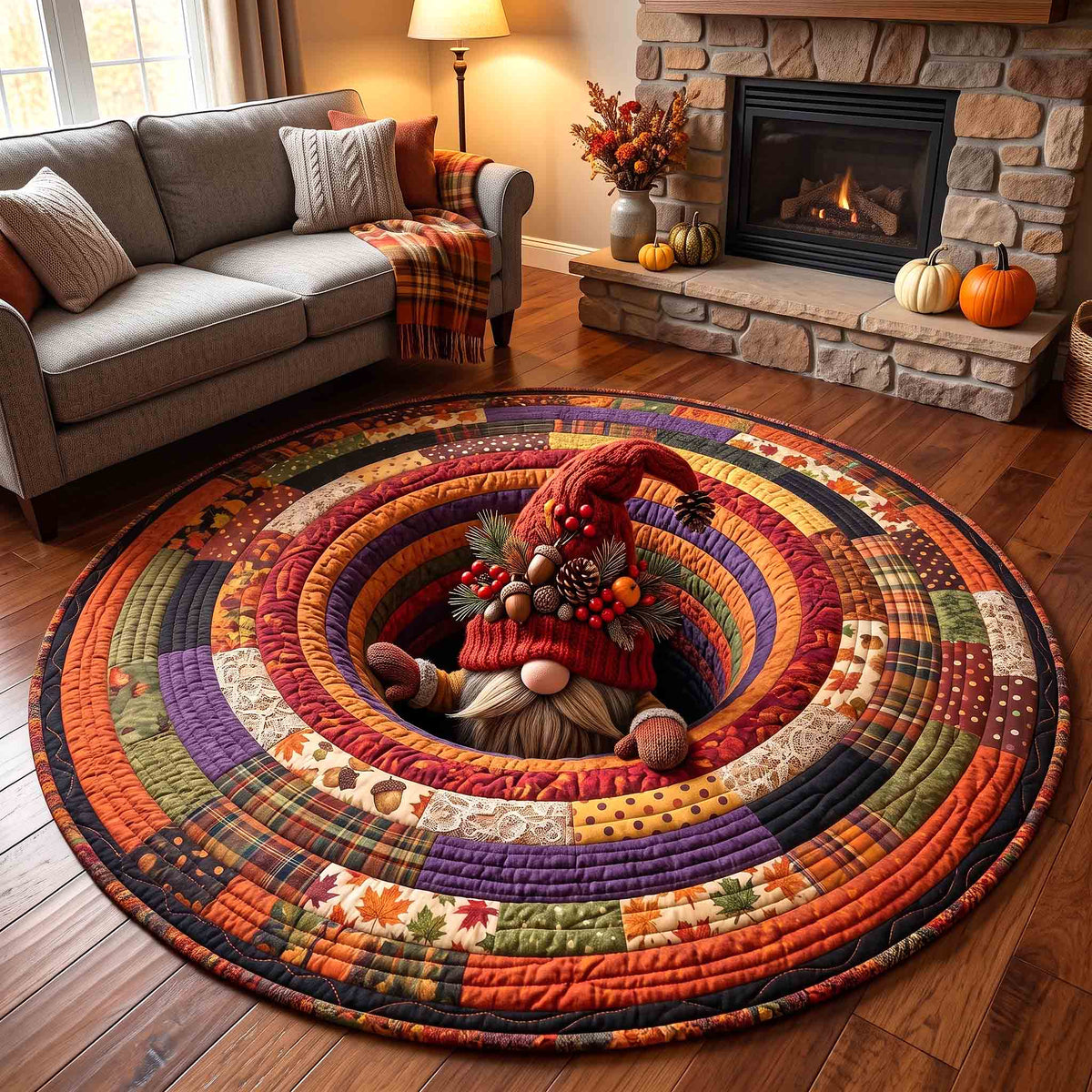 Cozy Autumn Gnome Round Mat Rug - Nature Design | Serene Home Decor - washable non-slip printed rug