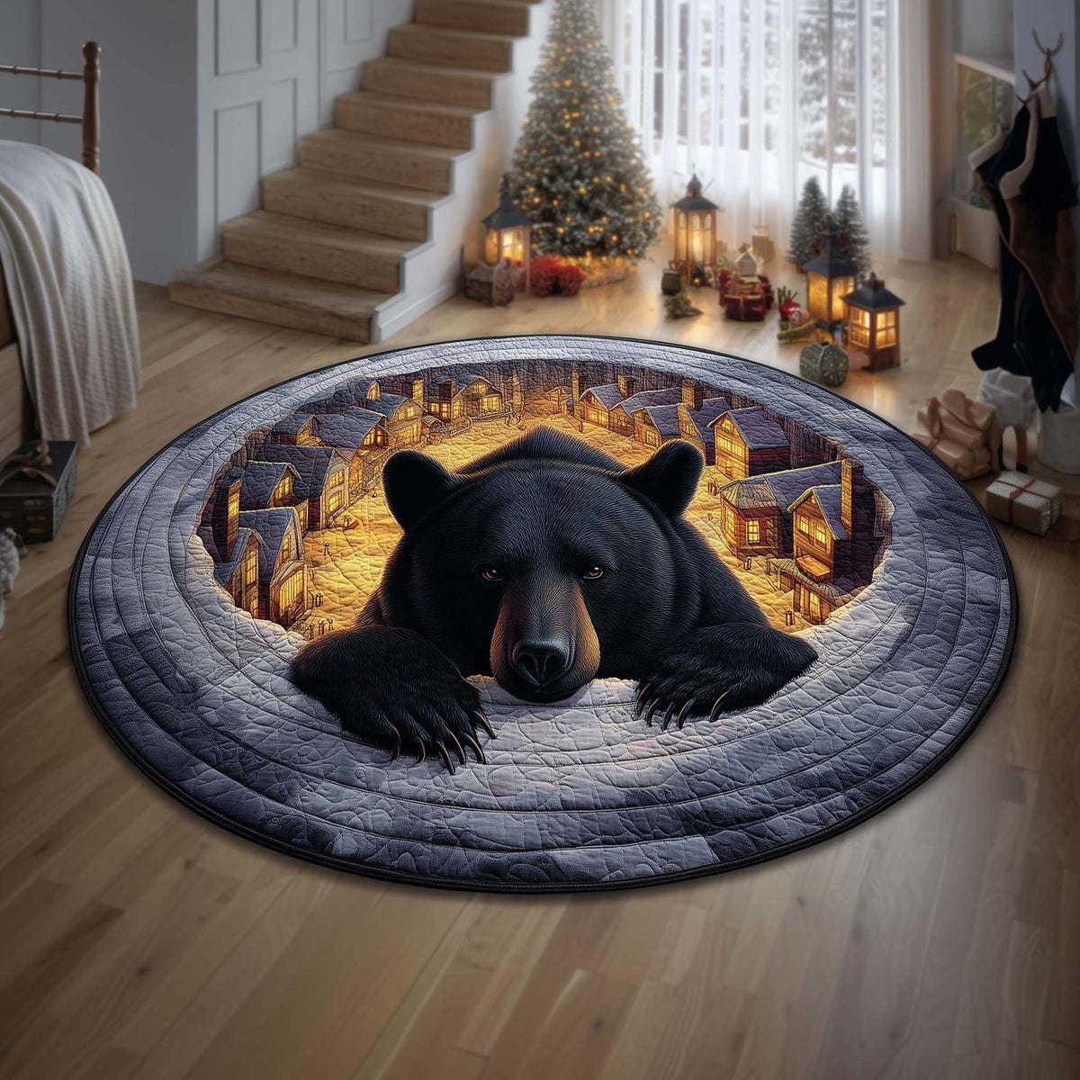 Cozy Bear Round Mat Rug - washable non-slip printed rug