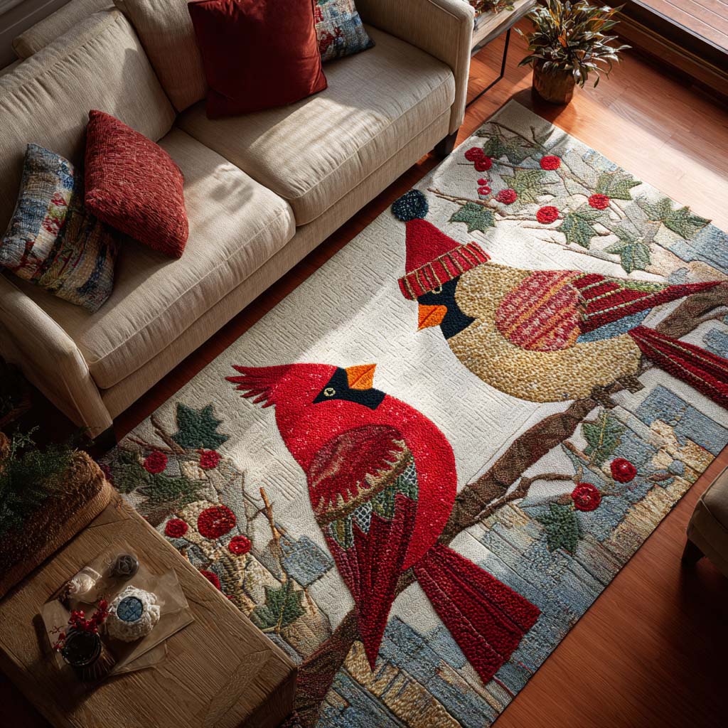 Cozy Cardinal area rug in a living room