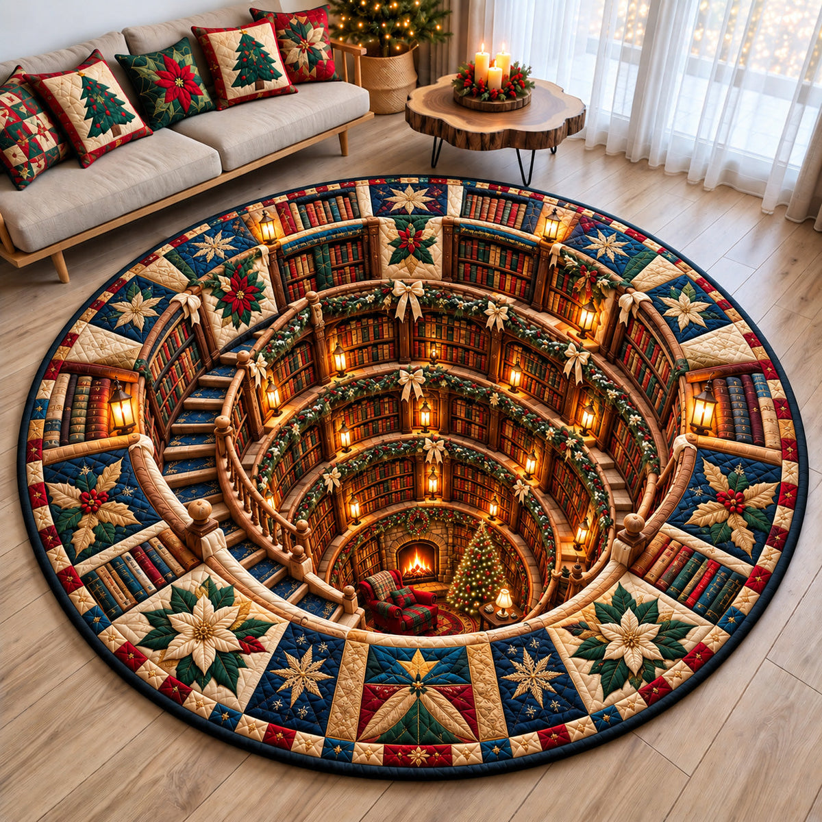 Cozy Christmas Book Haven Round Mat Rug - Seasonal Design | Festive Home Decor - washable non-slip printed rug