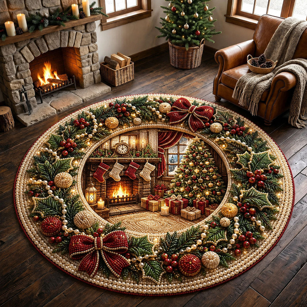 Cozy Christmas Fireplace Round Mat Rug - Seasonal Design | Festive Home Decor - washable non-slip printed rug