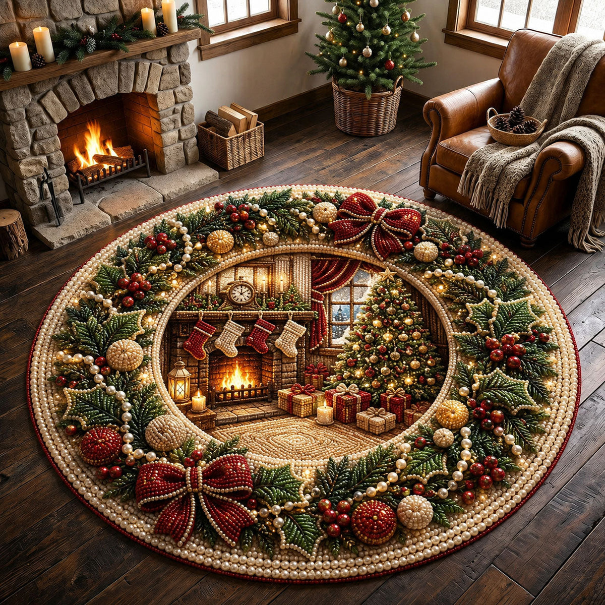 Cozy Christmas Fireplace Round Mat Rug - Seasonal Design | Festive Home Decor - washable non-slip printed rug
