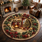 Cozy Christmas Fireplace Round Mat Rug - Seasonal Design | Festive Home Decor - washable non-slip printed rug