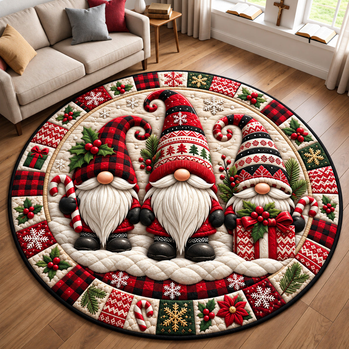 Cozy Christmas Gnome Trio Round Mat Rug - Seasonal Design | Festive Home Decor - washable non-slip printed rug