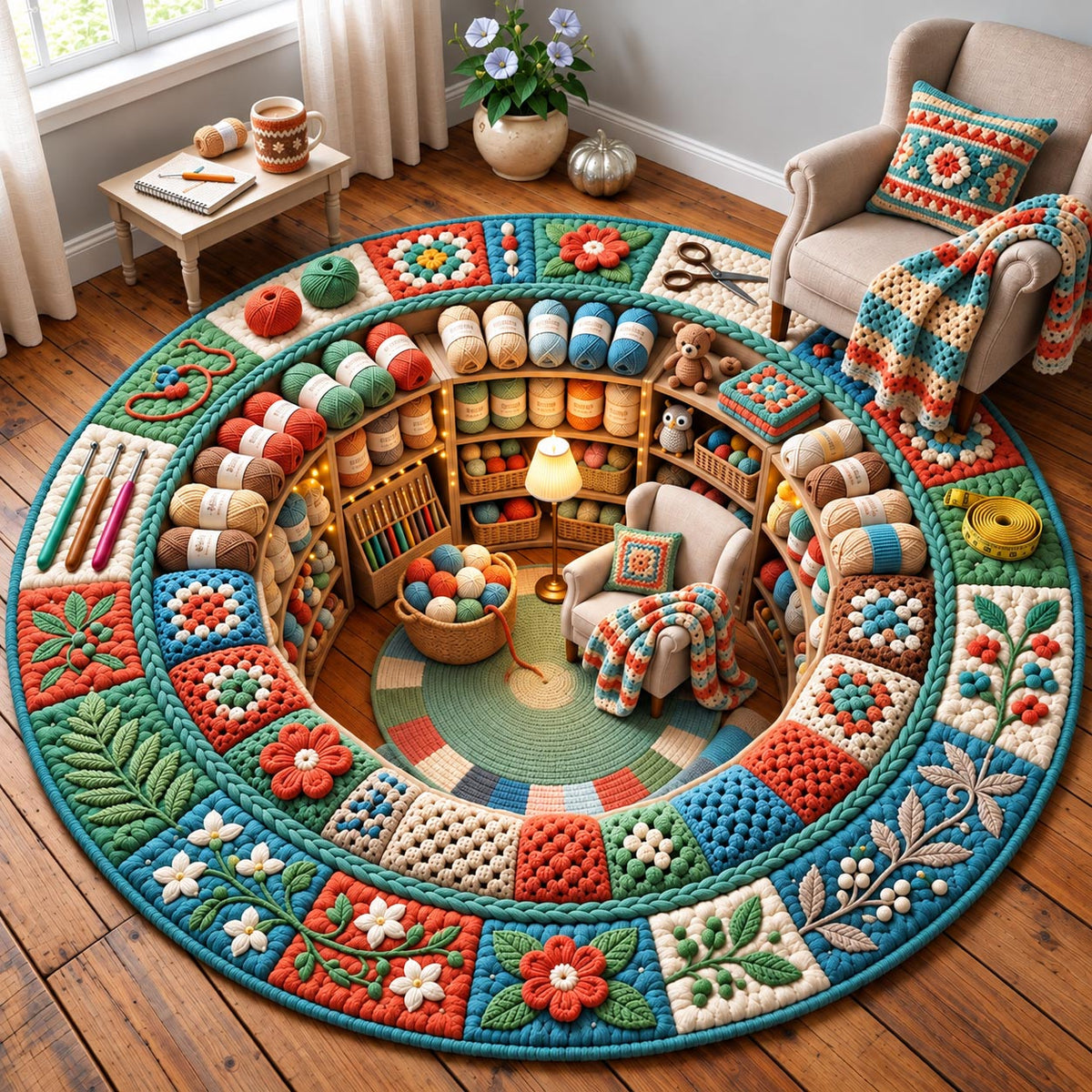 Cozy Crochet Round Mat Rug - Nature Design | Serene Home Decor - washable non-slip printed rug