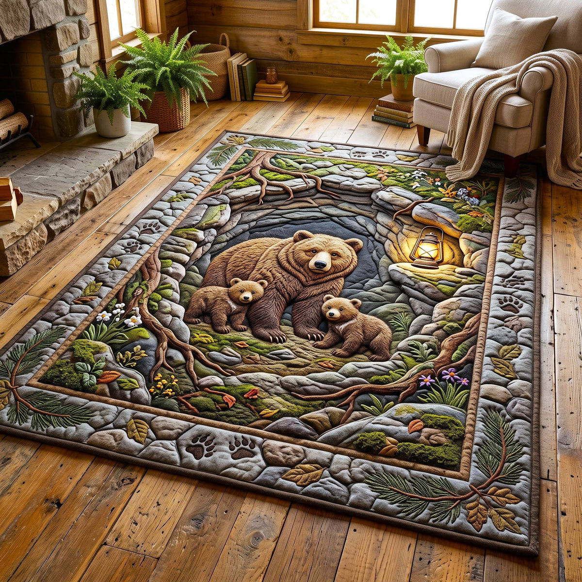 Cozy Den Cubs Rustic Bear area rug in a living room