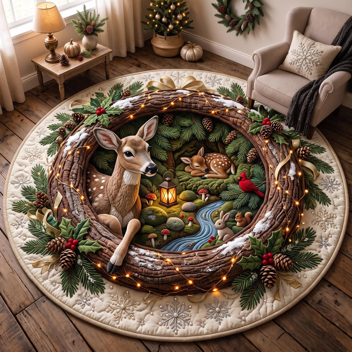Cozy Fawn Round Mat Rug - Nature Design | Serene Home Decor - washable non-slip printed rug