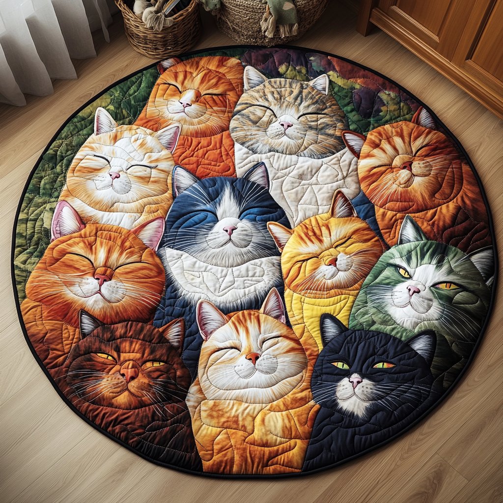 Cozy Feline Retreat Round Mat Rug - washable non-slip printed rug