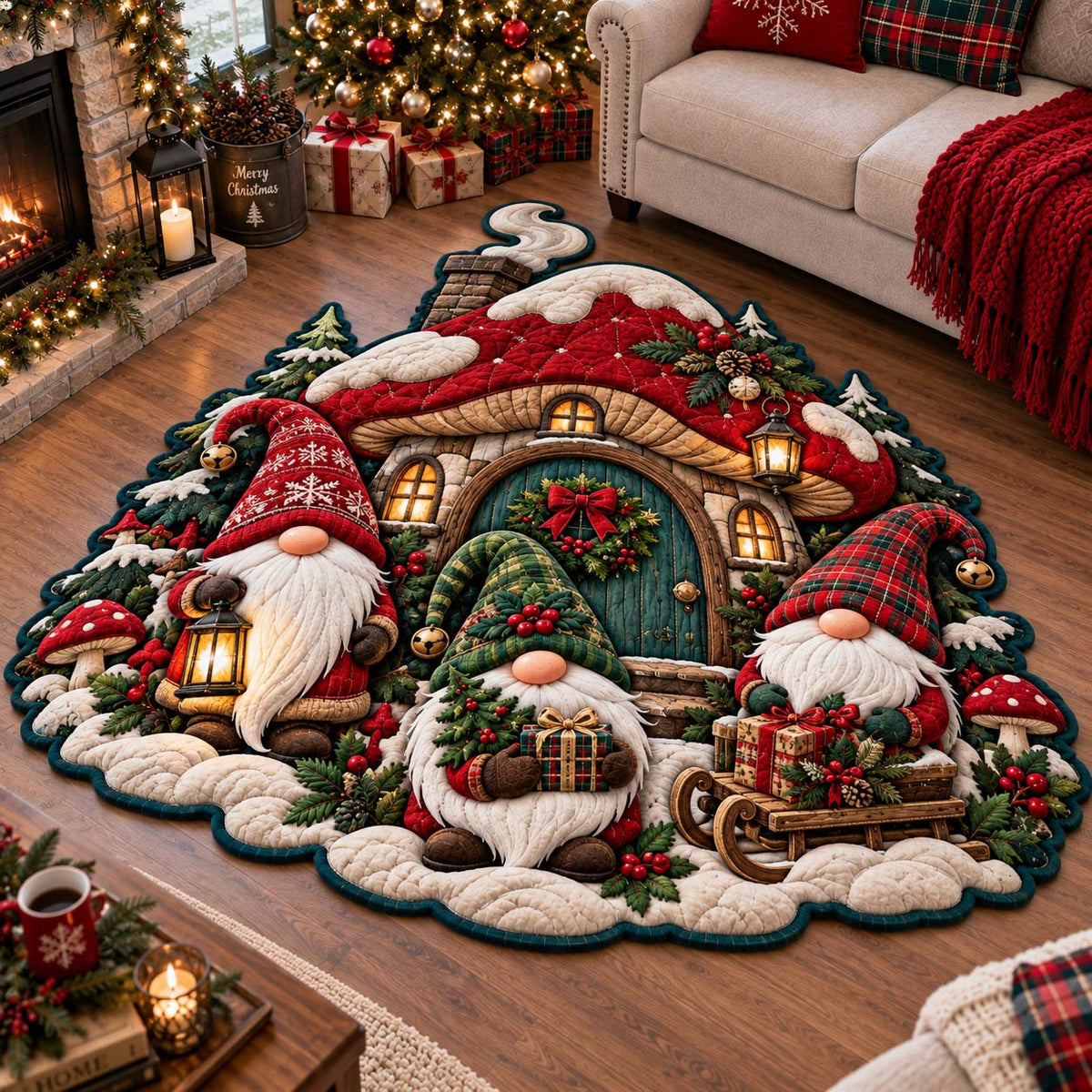 Cozy Gnome Christmas Custom Shape Area Rug - Seasonal Design | Die-Cut Non-Slip Rug - washable non-slip printed rug
