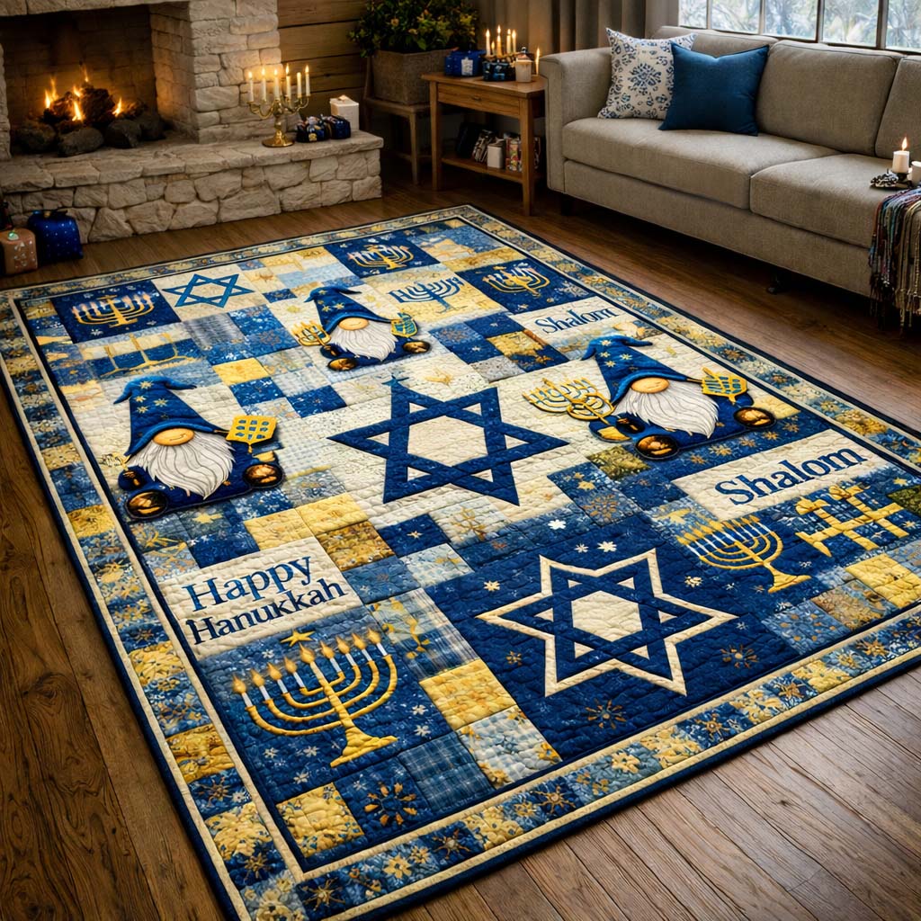 Cozy Hanukkah Grid area rug in a living room