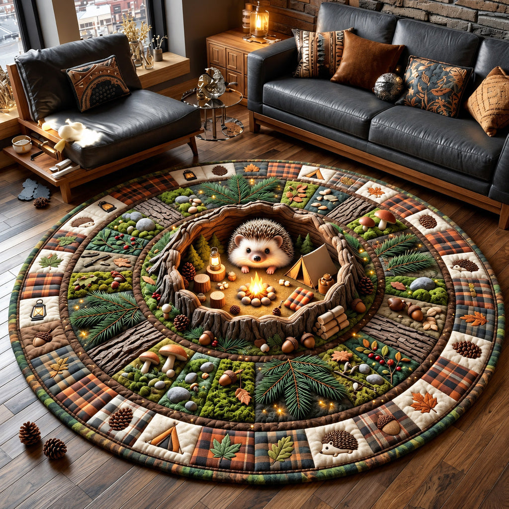 Cozy Hedgehog Round Mat Rug - Nature Design | Serene Home Decor - washable non-slip printed rug