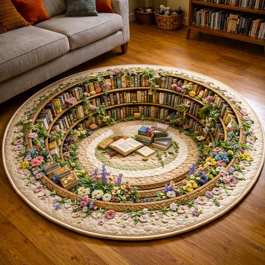 Cozy Library Round Mat Rug - washable non-slip printed rug