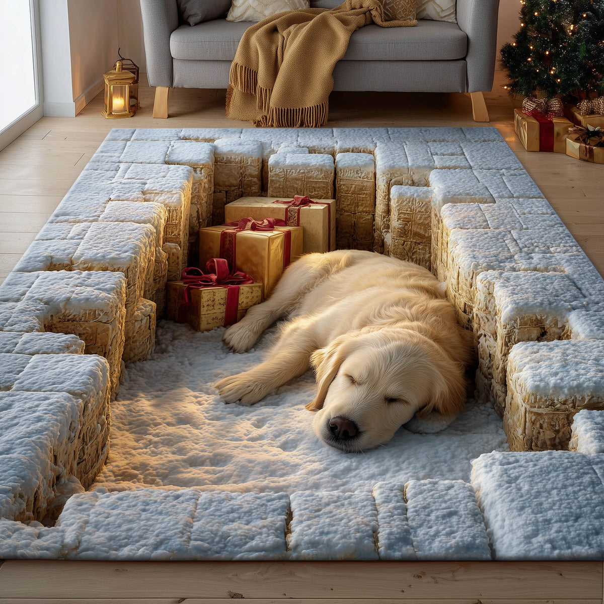 Cozy Retriever Nap area rug in a living room