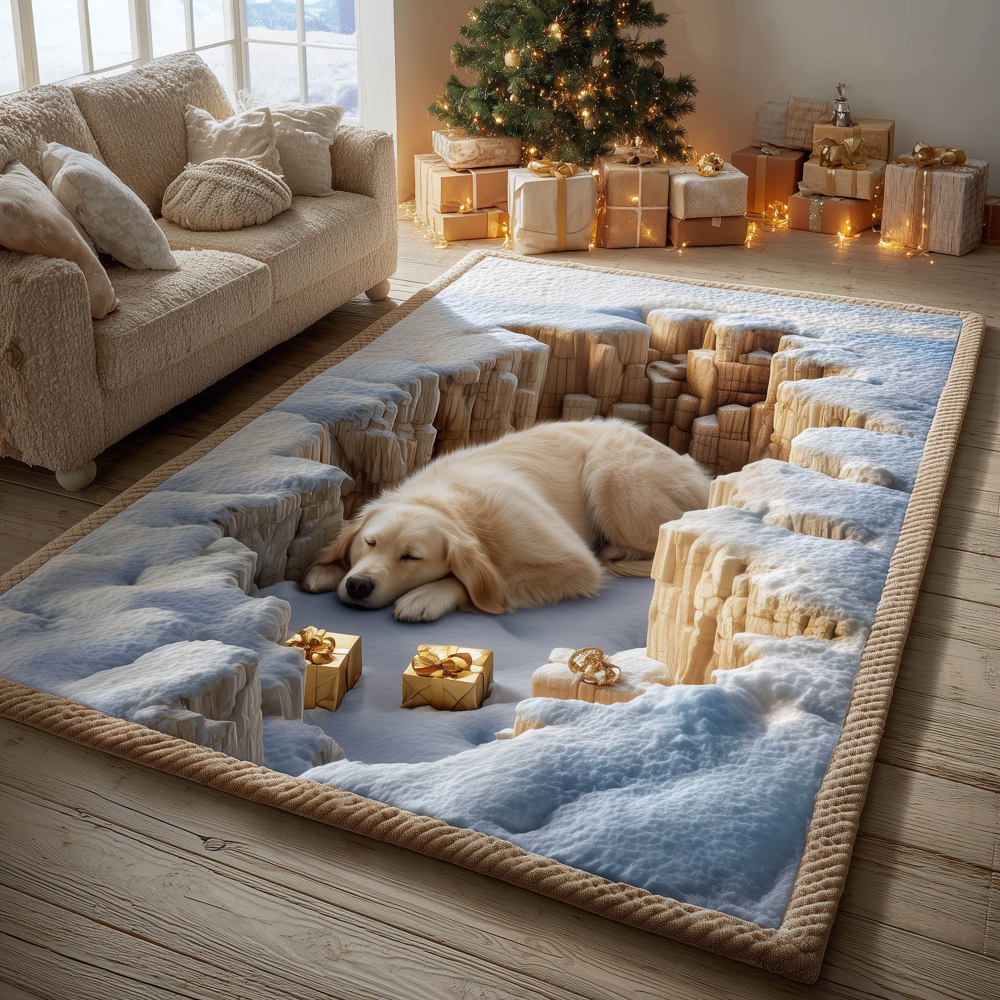Cozy Retriever Nap area rug in a living room