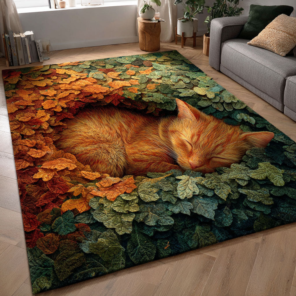 Cozy Sleeping Cat area rug in a living room