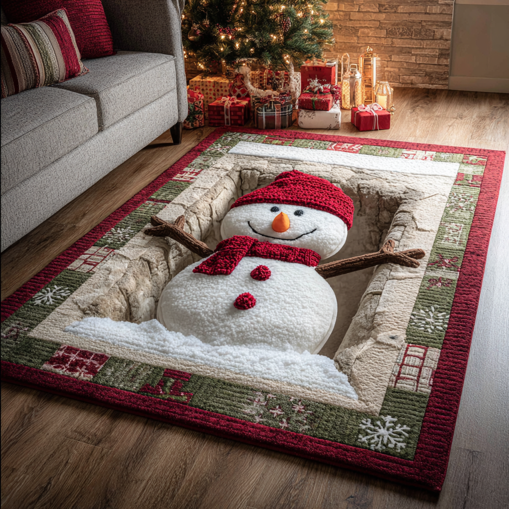 Cozy Snowman area rug in a living room