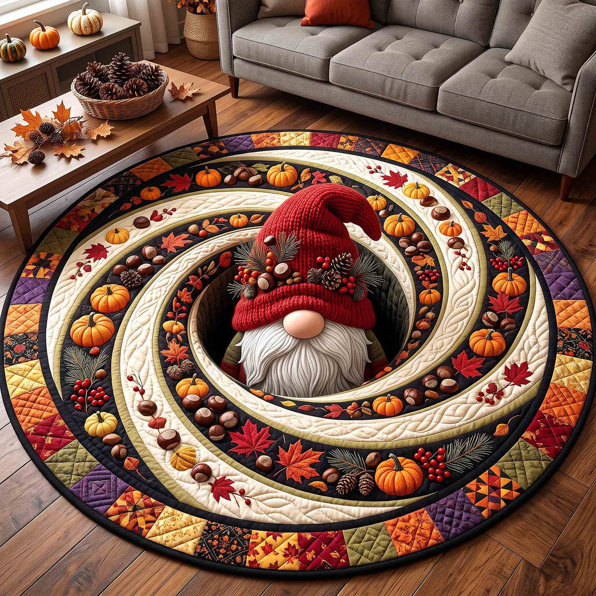 Cozy Swirl Gnome Round Mat Rug - Nature Design | Serene Home Decor - washable non-slip printed rug