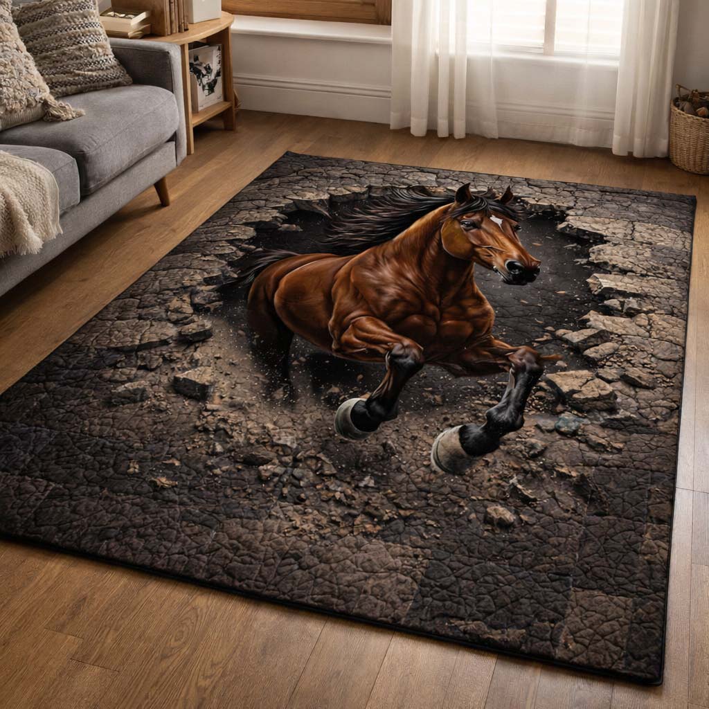 Cracked Earth Stallion area rug in a living room