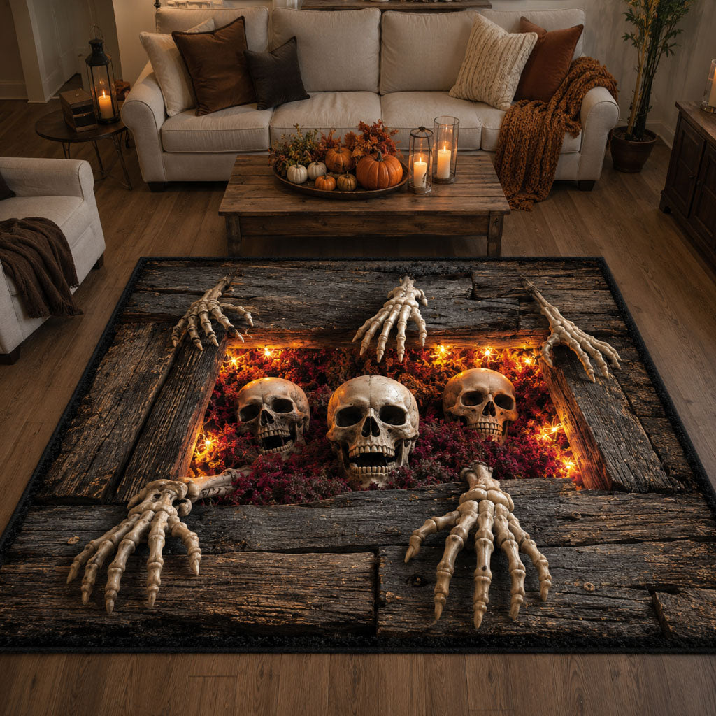 Crawling Nightmare area rug in a living room