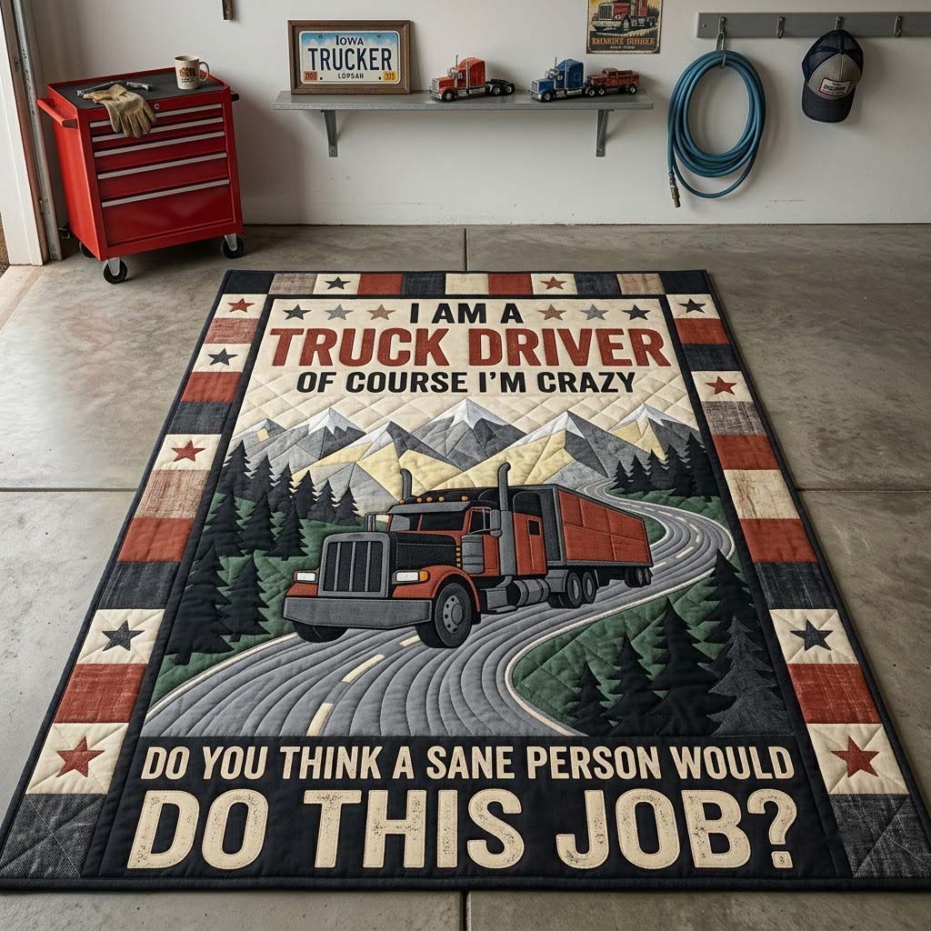 Crazy Truck Driver area rug in a living room