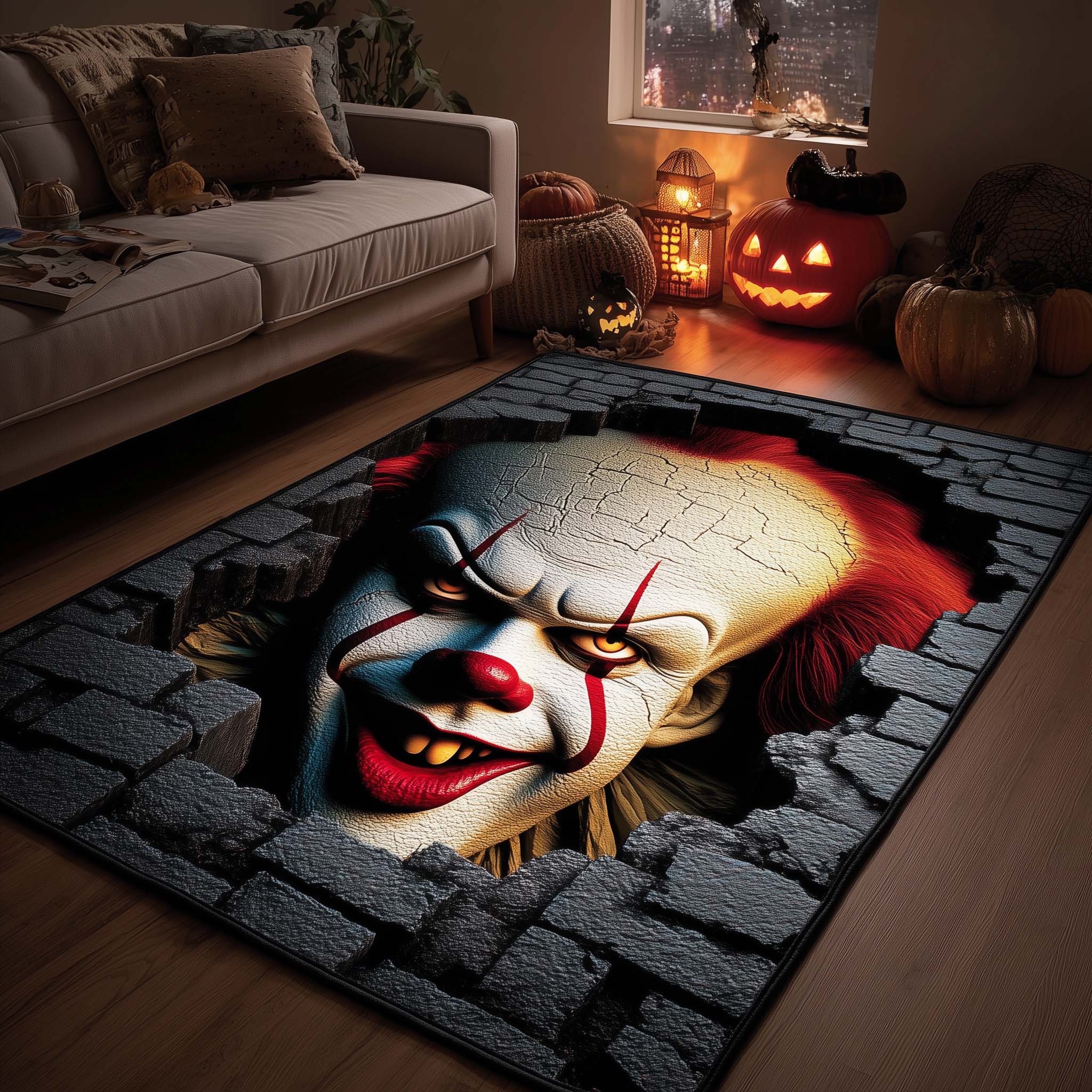 Creepy Clown area rug in a living room