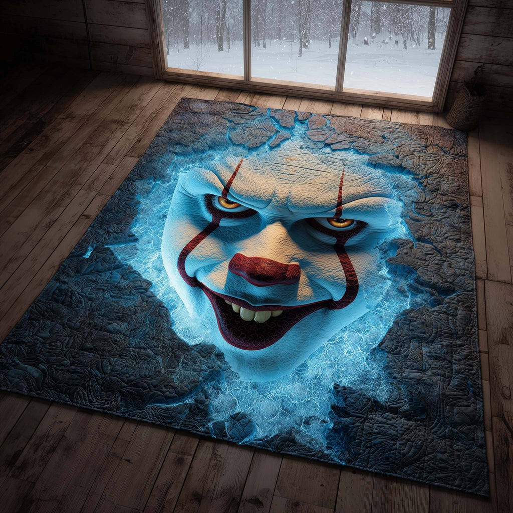 Creepy Clown area rug in a living room