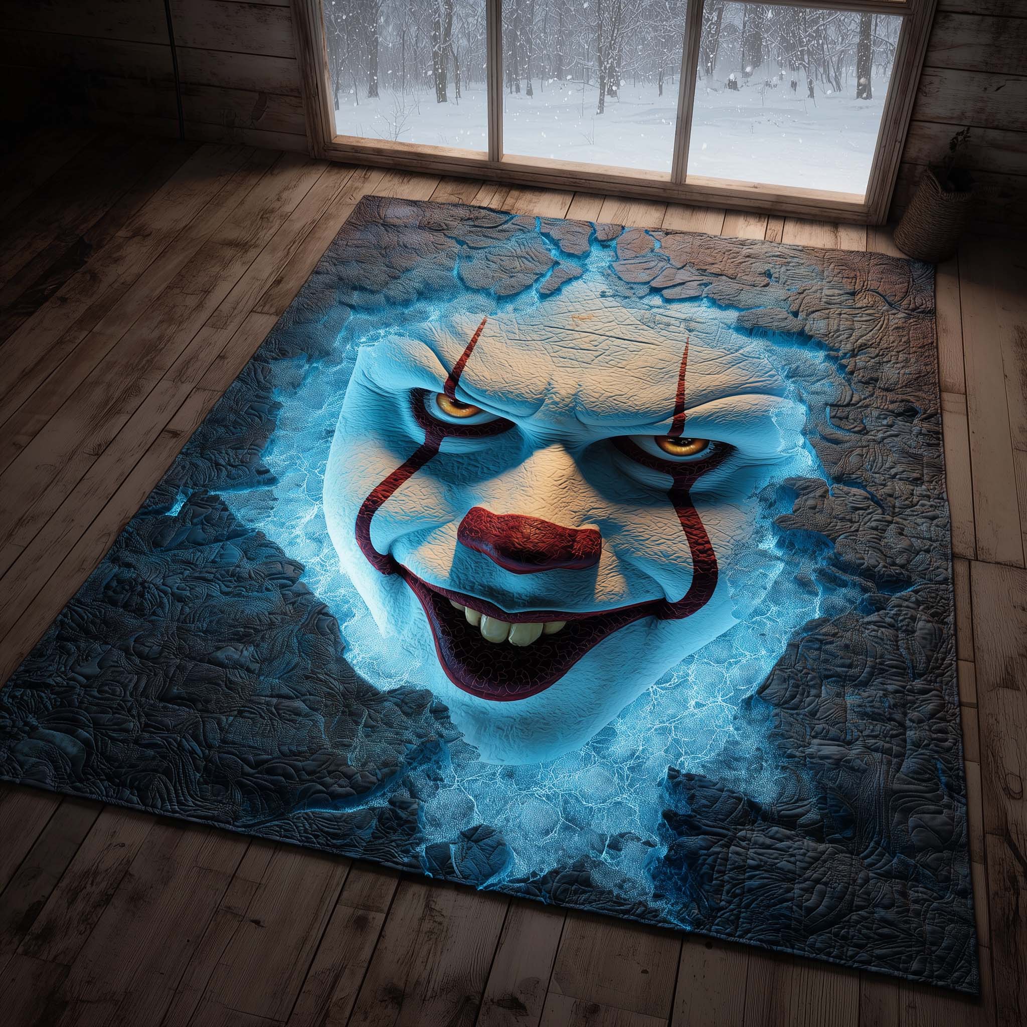 Creepy Clown area rug in a living room