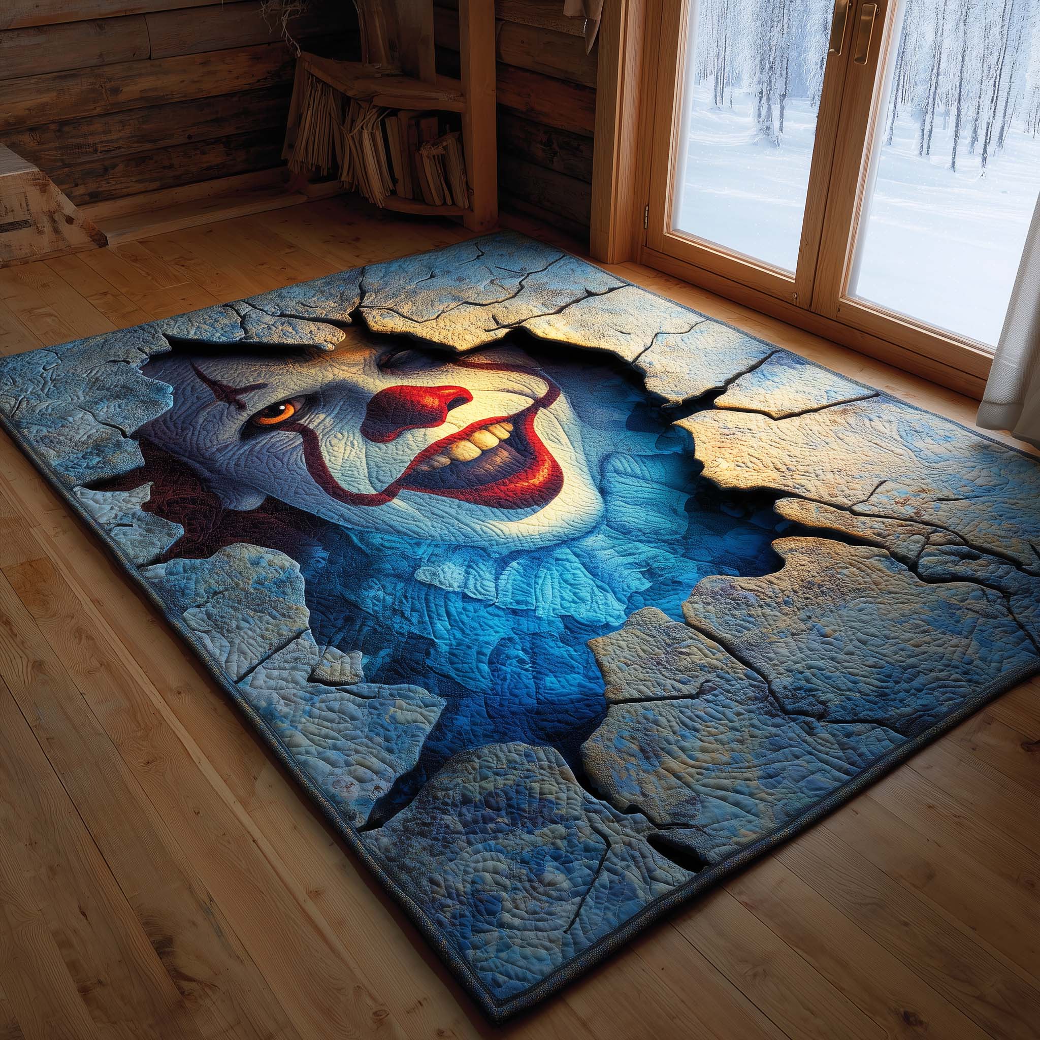 Creepy Clown area rug in a living room