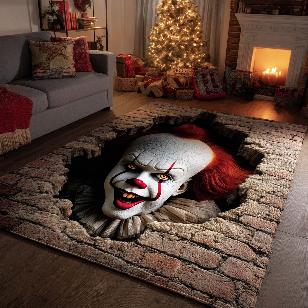 Creepy Clown area rug in a living room