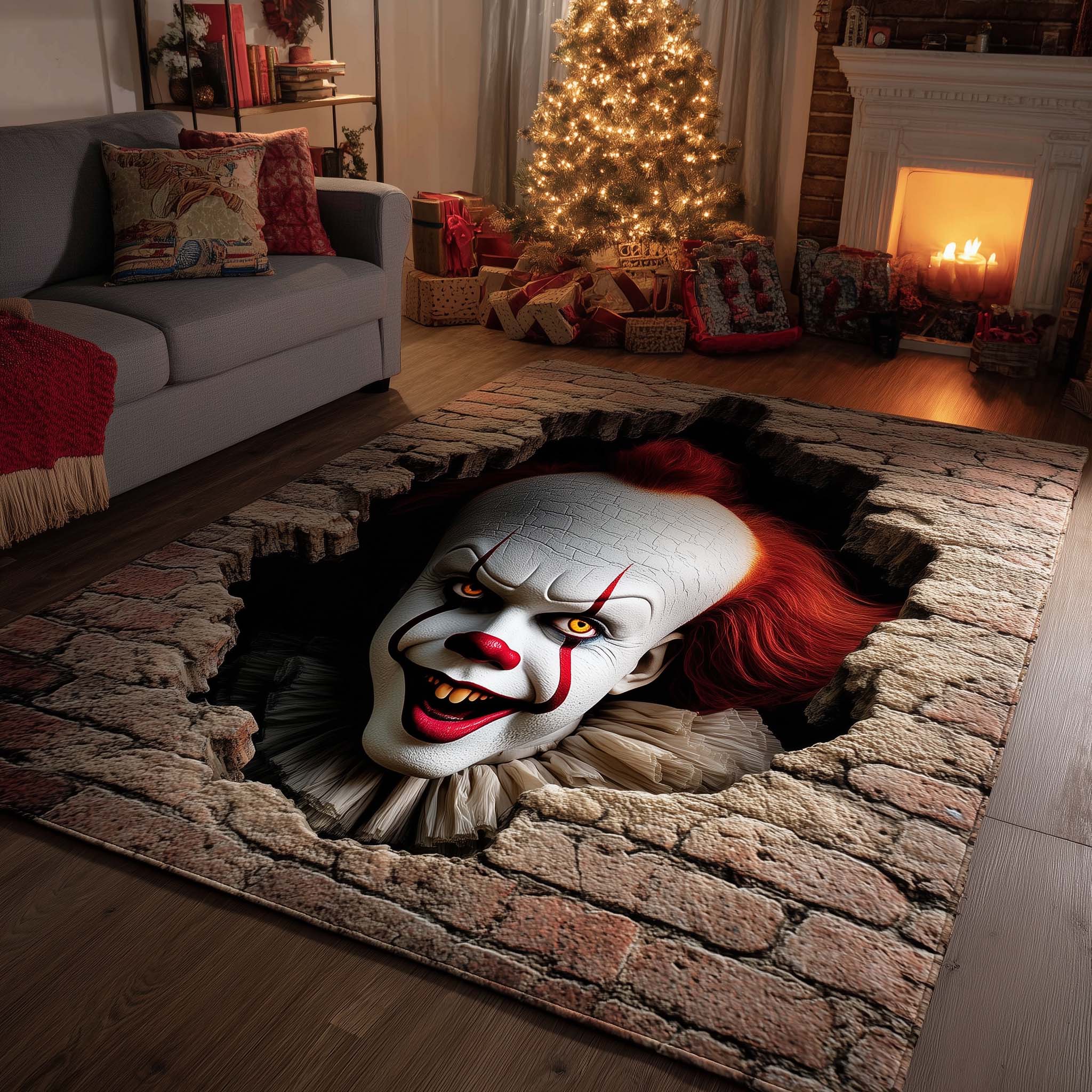 Creepy Clown area rug in a living room