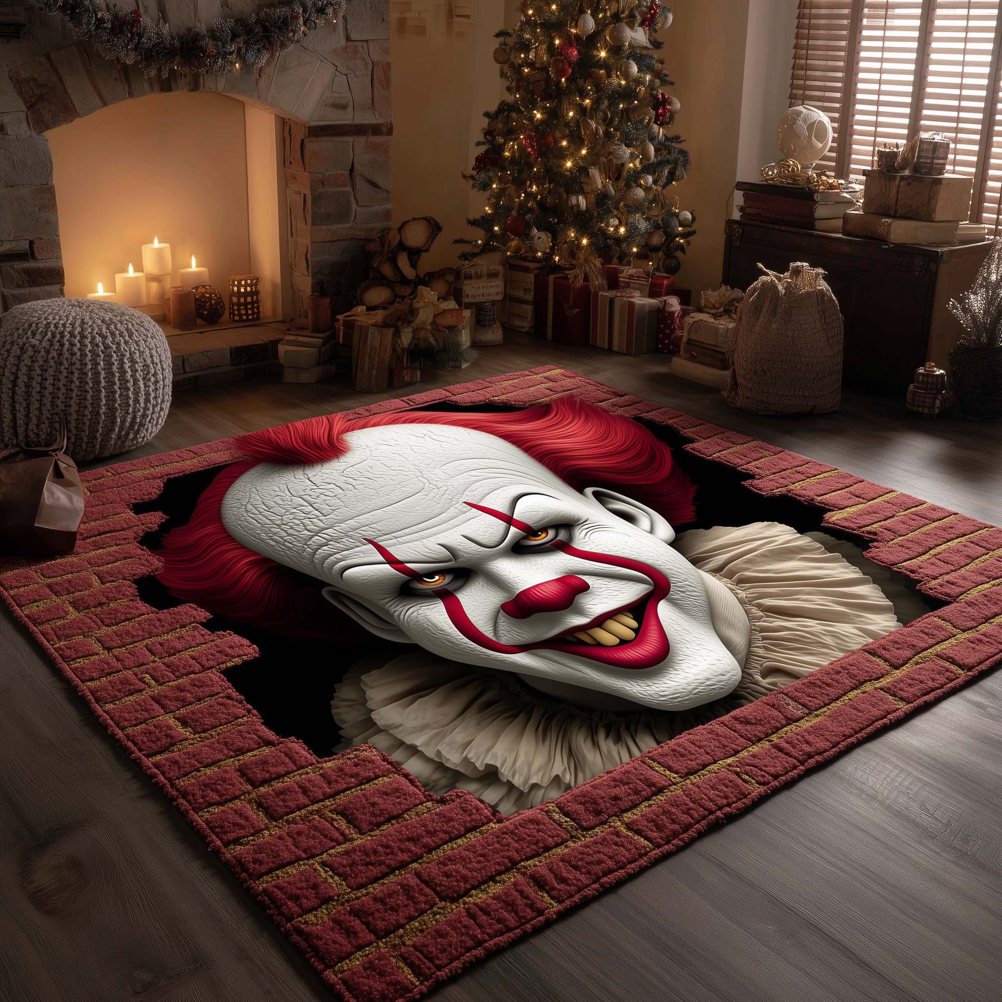 Creepy Clown area rug in a living room