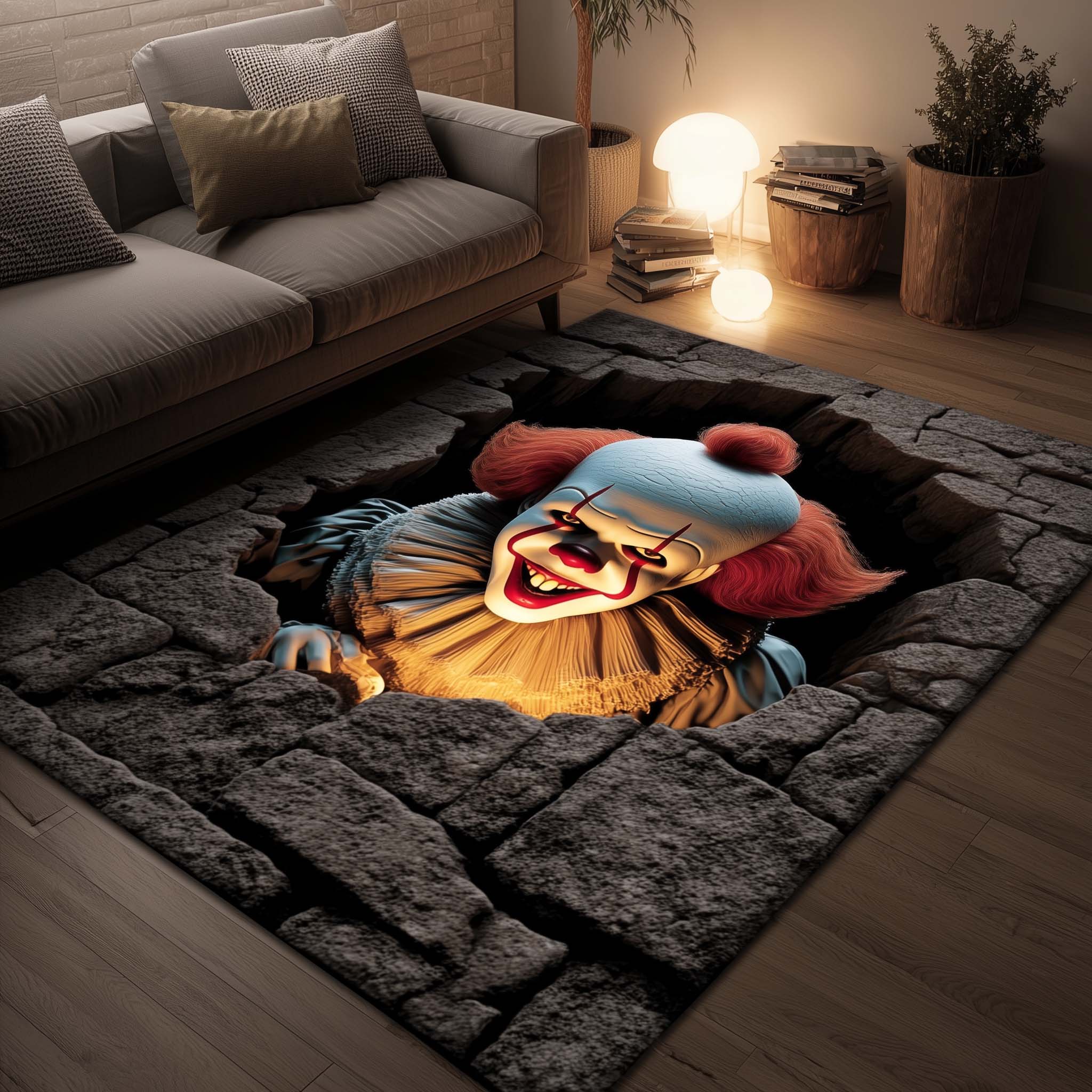 Creepy Clown area rug in a living room