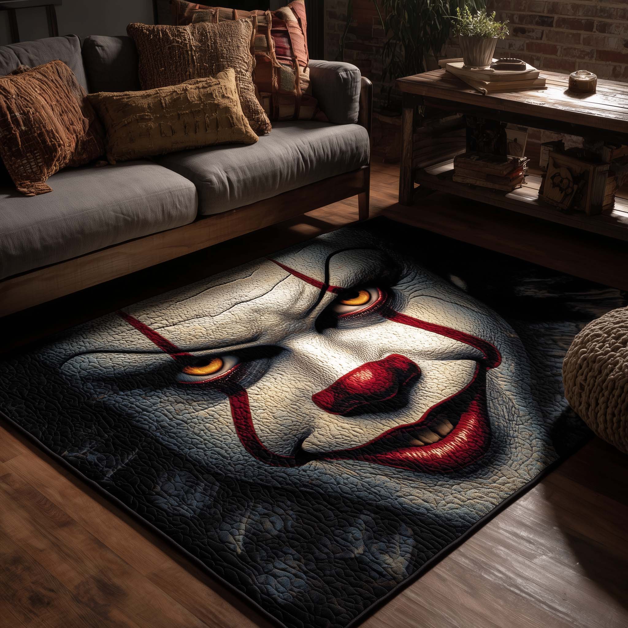 Creepy Clown area rug in a living room