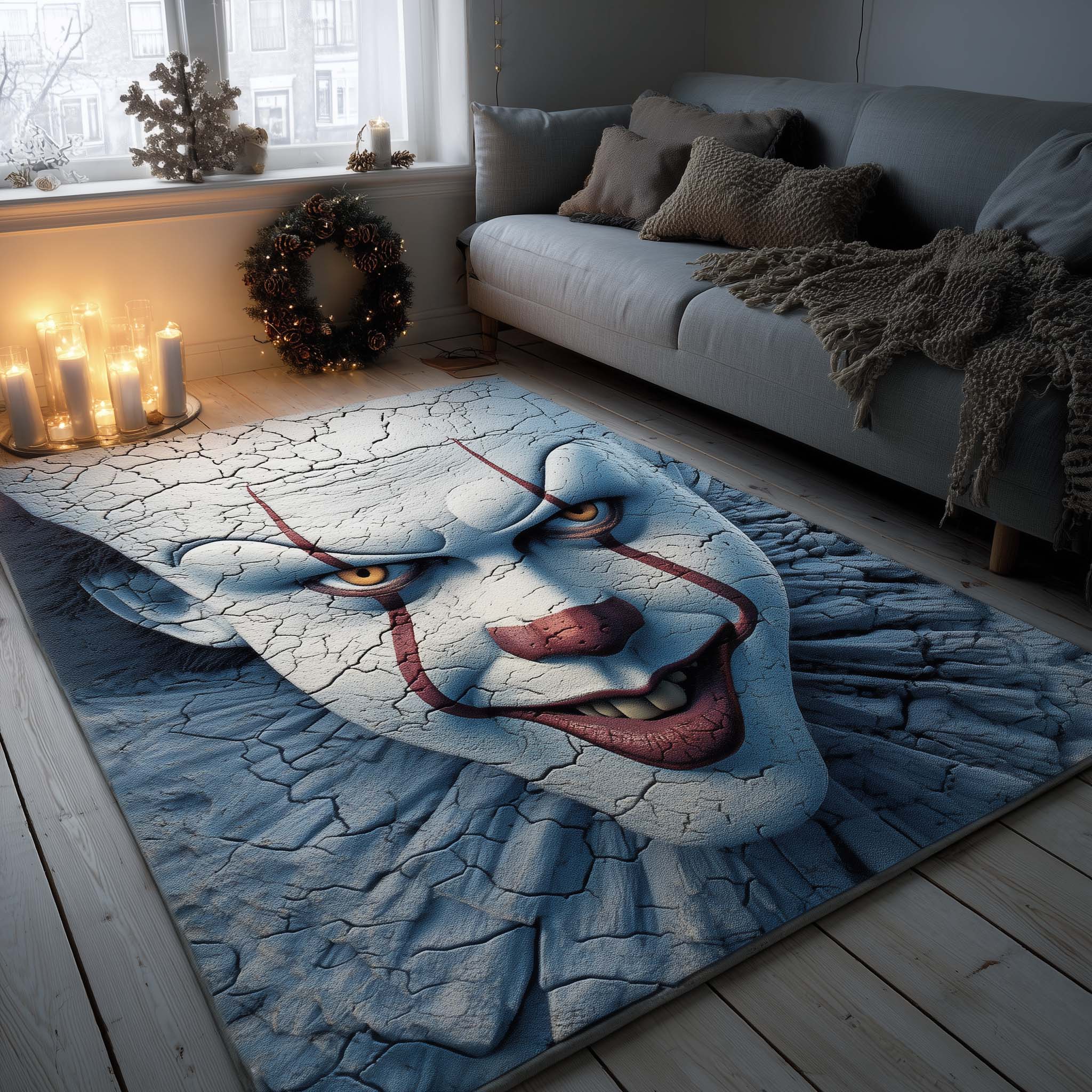 Creepy Clown area rug in a living room