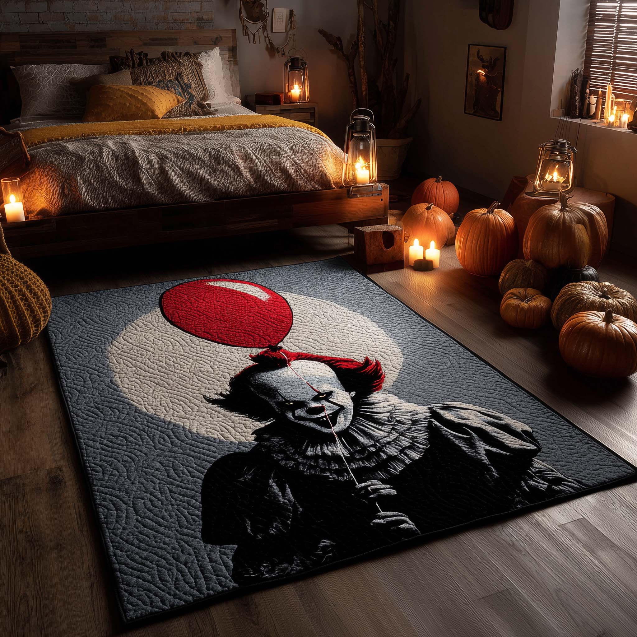 Creepy Clown area rug in a living room