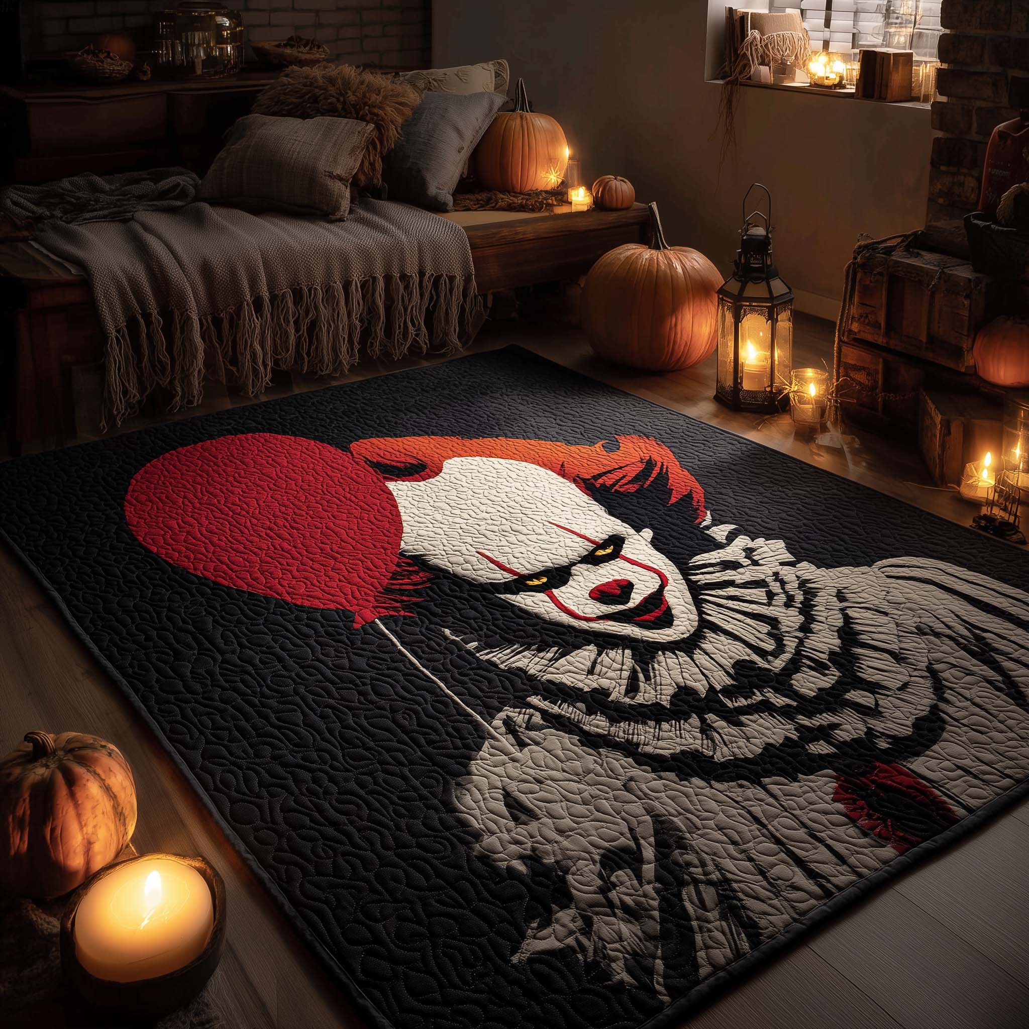 Creepy Clown area rug in a living room