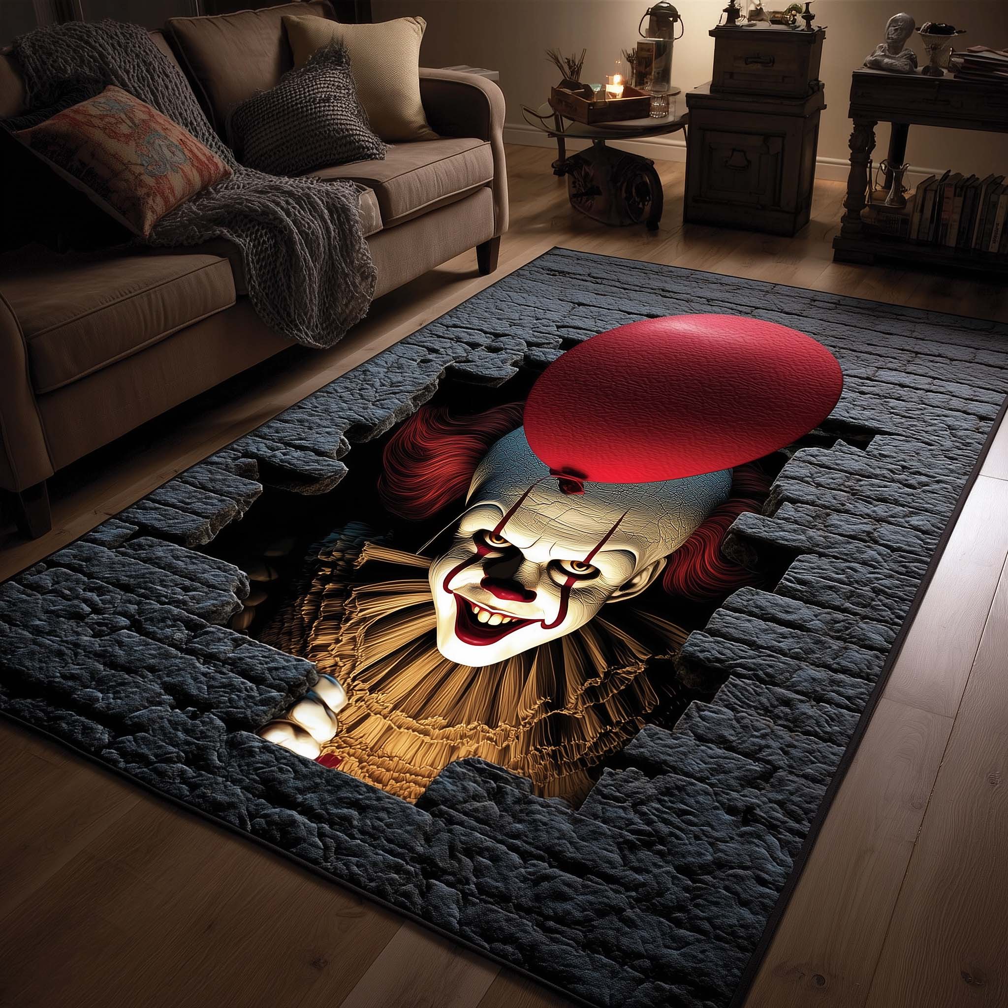 Creepy Clown area rug in a living room