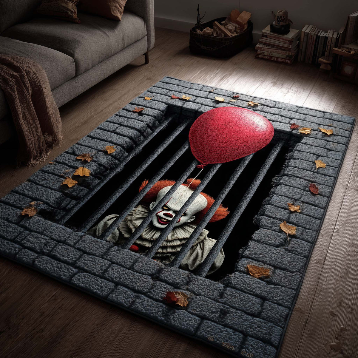 Creepy Clown area rug in a living room