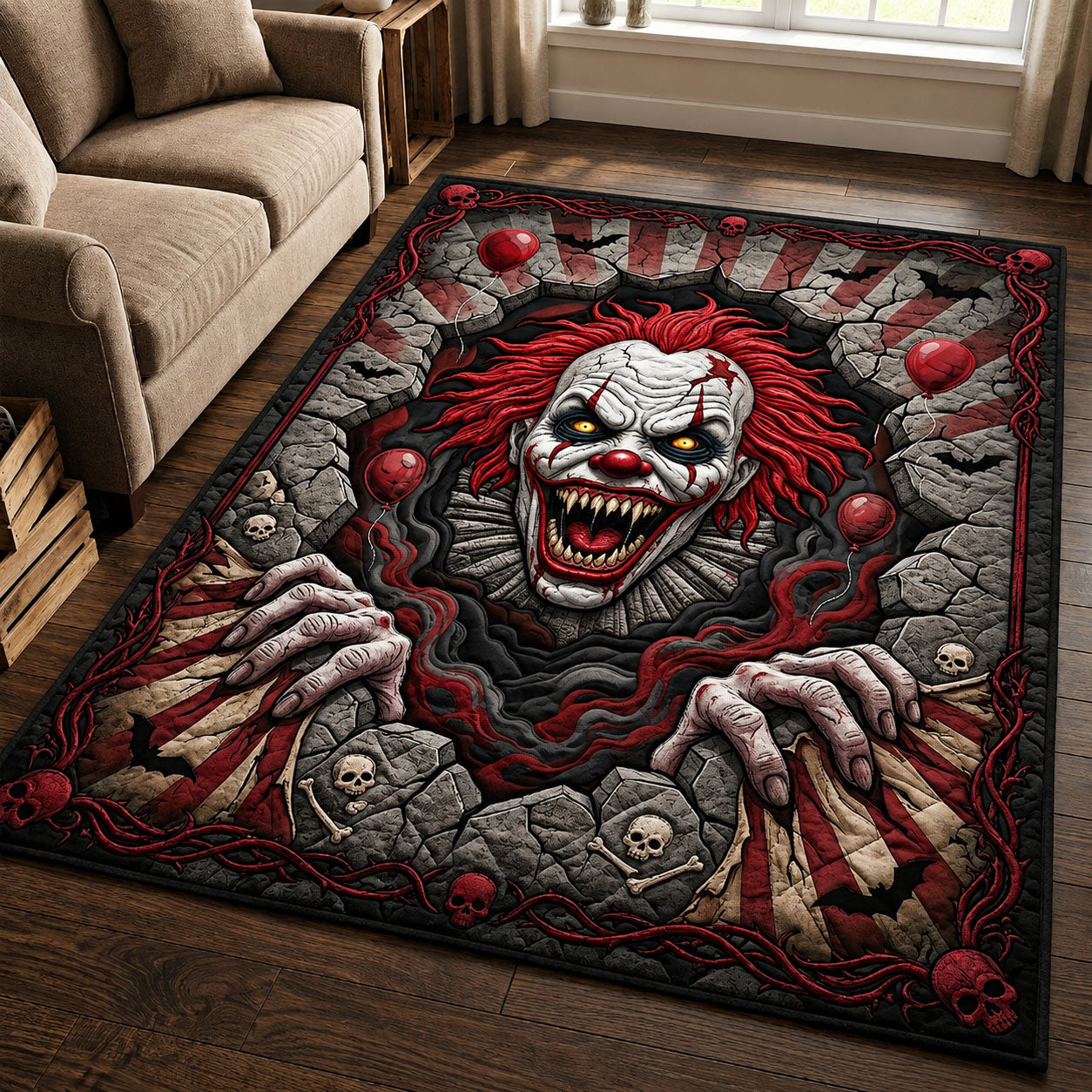 Creepy Clown area rug in a living room