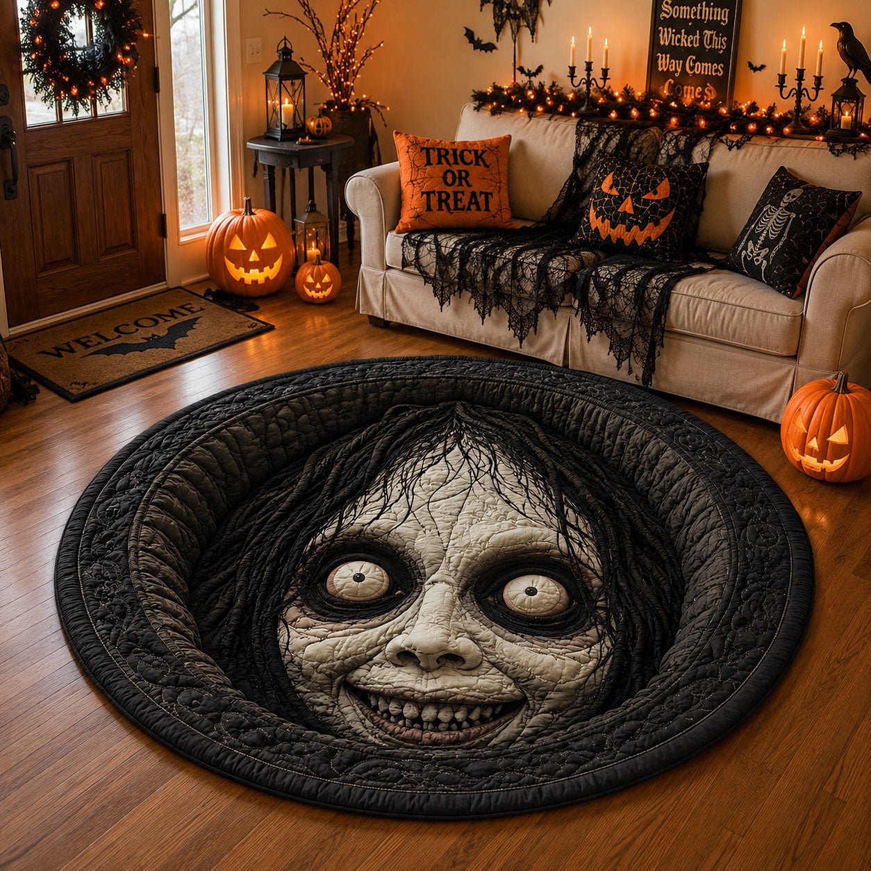 Creepy Haunted Doll Face Halloween Round Mat Rug - Nature Design | Serene Home Decor