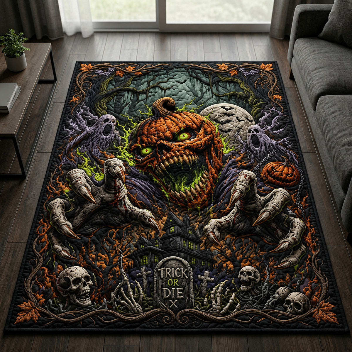 Creepy Pumpkin area rug in a living room