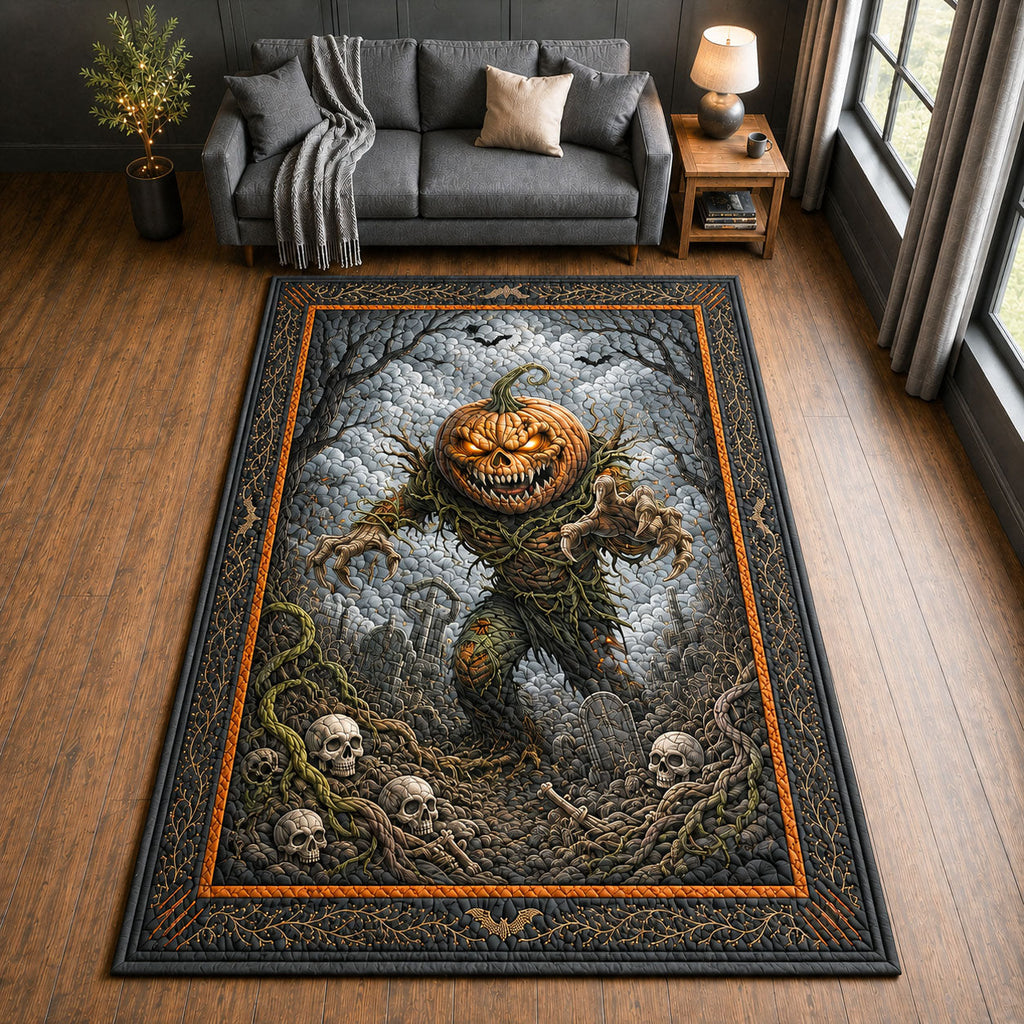 Creepy Pumpkin area rug in a living room