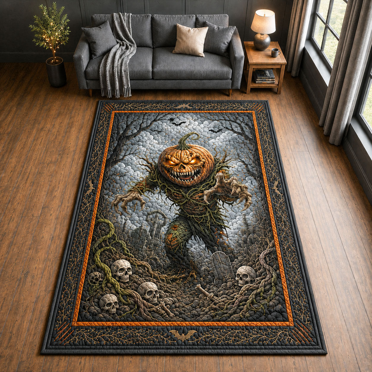 Creepy Pumpkin area rug in a living room