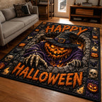 Creepy Pumpkin Ghost area rug in a living room