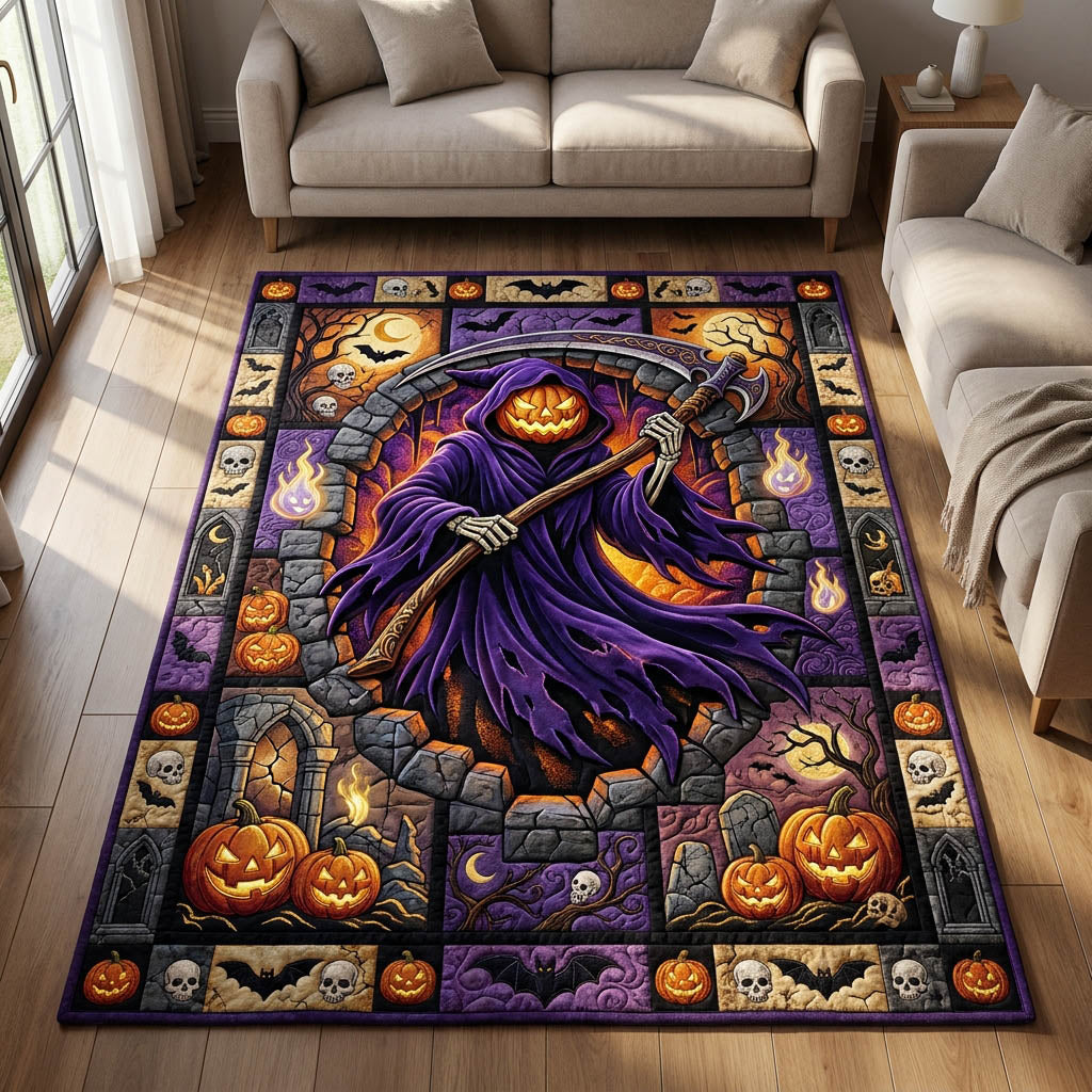 Creepy Pumpkin Ghost area rug in a living room