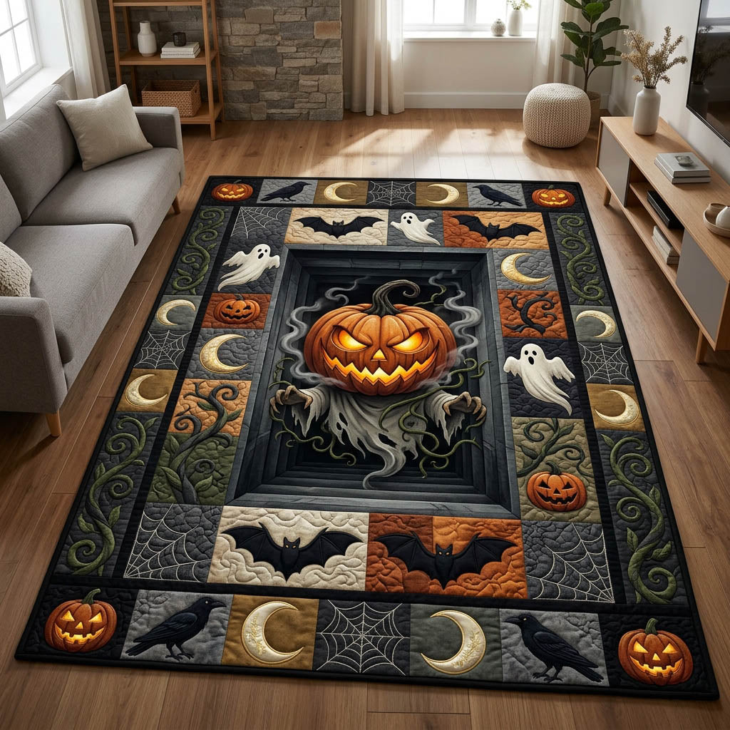 Creepy Pumpkin Ghost area rug in a living room