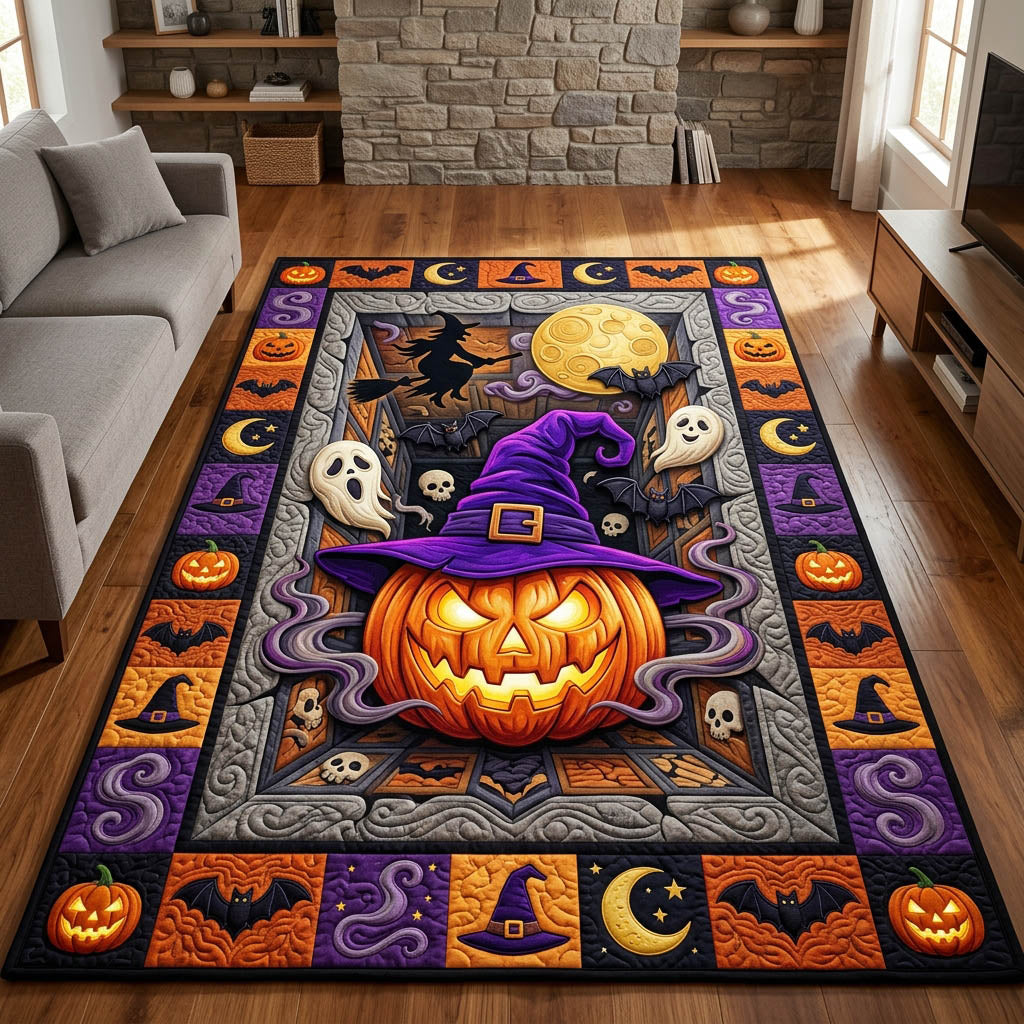 Creepy Pumpkin Ghost area rug in a living room