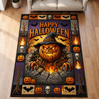 Creepy Pumpkin Ghost area rug in a living room